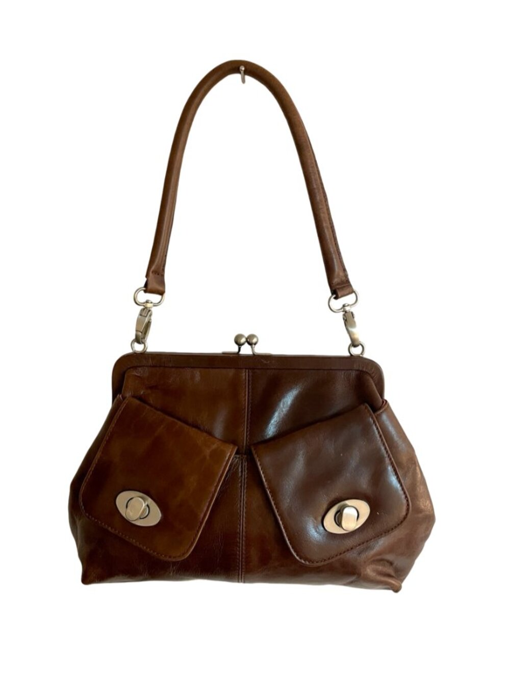 Latico Leather Kiss Lock Shoulder Bag Brown Double Pocket Convertible Purse